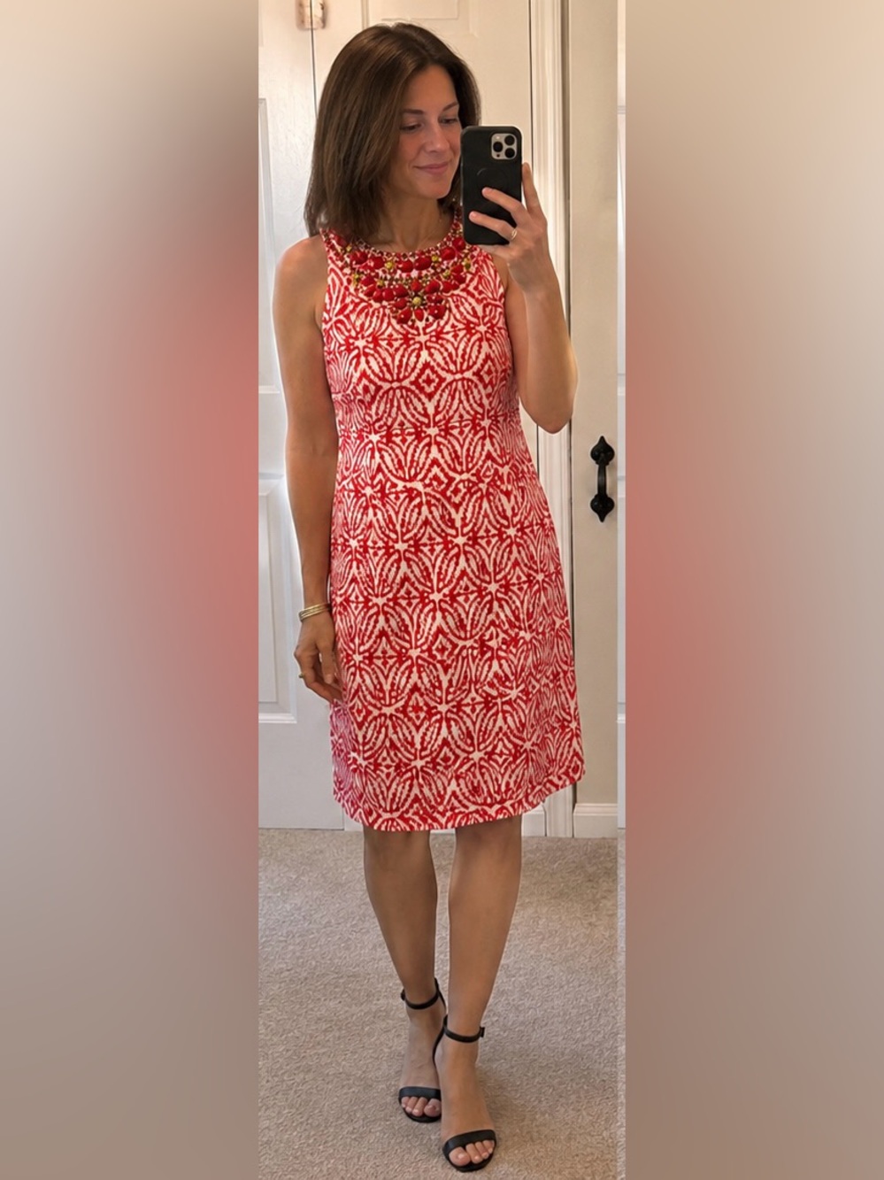 Salmon and White Printed Sleeveless Women's Dress